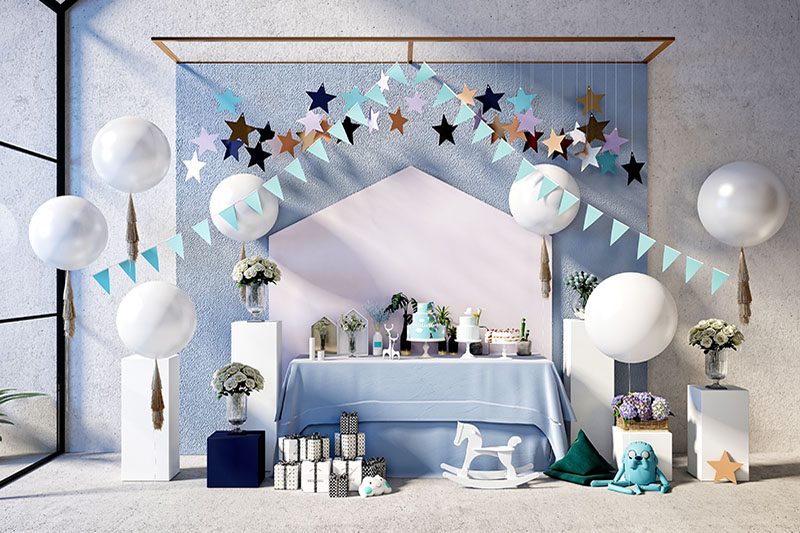 A baby shower arrangement is displayed for guests at a planned event. The arrangement depicts a baby blue styled shower setup
